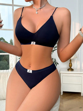 Conjunto De Bra Y Bragas Con Estampado De Letras Para Mujeres