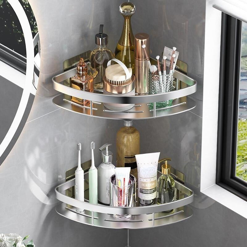 Estantería de Baño Montada en la Pared con Ventosa - Paquete de 1, Estante Triangular Impermeable sin Taladro con Barra para Toallas para Cosméticos y Artículos de Aseo, Fácil Ensamblaje, Diseño Ahorra Espacio, Acabado Metálico Elegante, Superficie Fácil