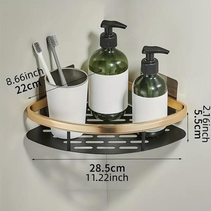 Estantería de Baño Montada en la Pared con Ventosa - Paquete de 1, Estante Triangular Impermeable sin Taladro con Barra para Toallas para Cosméticos y Artículos de Aseo, Fácil Ensamblaje, Diseño Ahorra Espacio, Acabado Metálico Elegante, Superficie Fácil