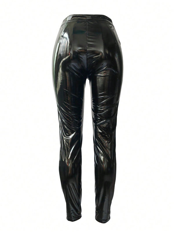 Pantalones Ajustados Elasticos De Cintura Alta Con Efecto De Espejo