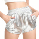 Shorts De Bolsillos Recubiertos De Plata Para Mujeres