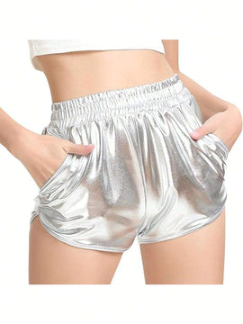 Shorts De Bolsillos Recubiertos De Plata Para Mujeres