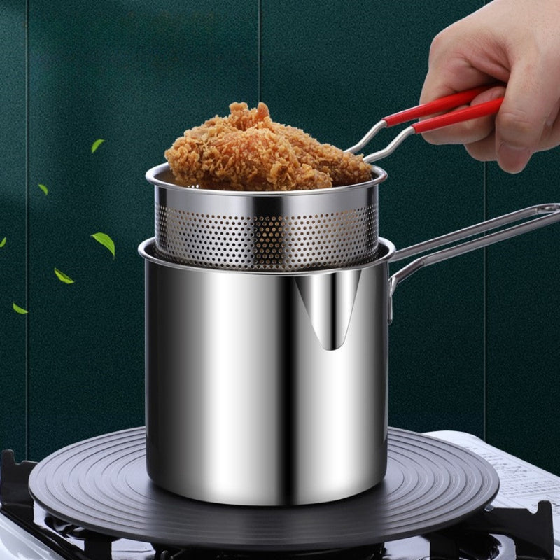 Olla de freidor de acero inoxidable con colador, mini sartén de freír de 304 ahorro de aceite para uso en el hogar, compatible con fogones de inducción y gas, no requiere batería