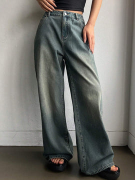 DAZY Jeans De Pierna Ancha Con Acabado Lavado, Bolsillos Inclinados