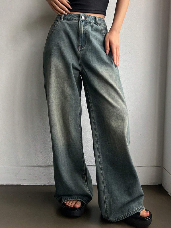DAZY Jeans De Pierna Ancha Con Acabado Lavado, Bolsillos Inclinados