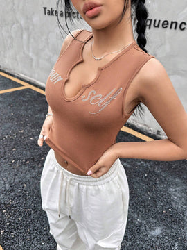 Top Sin Mangas Informal Para Mujer Con Letras Impresas, Diseno De Cuello En V Y Adornos De Diamantes De Imitacion