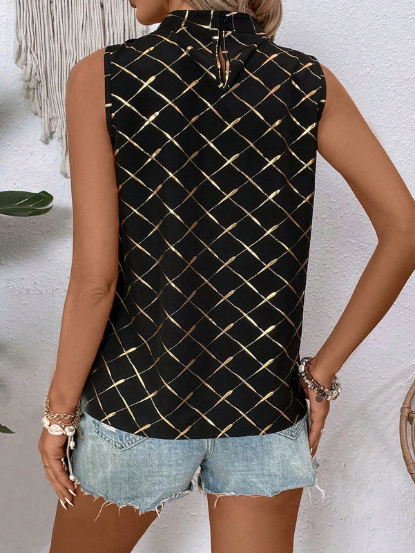 LUNE Blusa Sin Mangas Para Mujer Con Estampado Geometrico Y Cuello Con Nudo