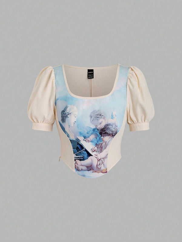 MOD Camisa De Manga Corta Abullonada Para Mujer Con Estampado De Personajes