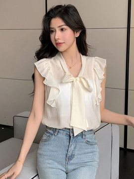 DAZY Camisa Para Mujer Con Cuello De Lazo, Con Transparencias Y Dobladillo Con Volantes