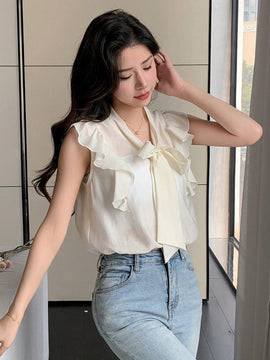 DAZY Camisa Para Mujer Con Cuello De Lazo, Con Transparencias Y Dobladillo Con Volantes