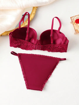 Conjunto De Sujetador De Aro Y Panty Con Ribete De Encaje Para Mujer