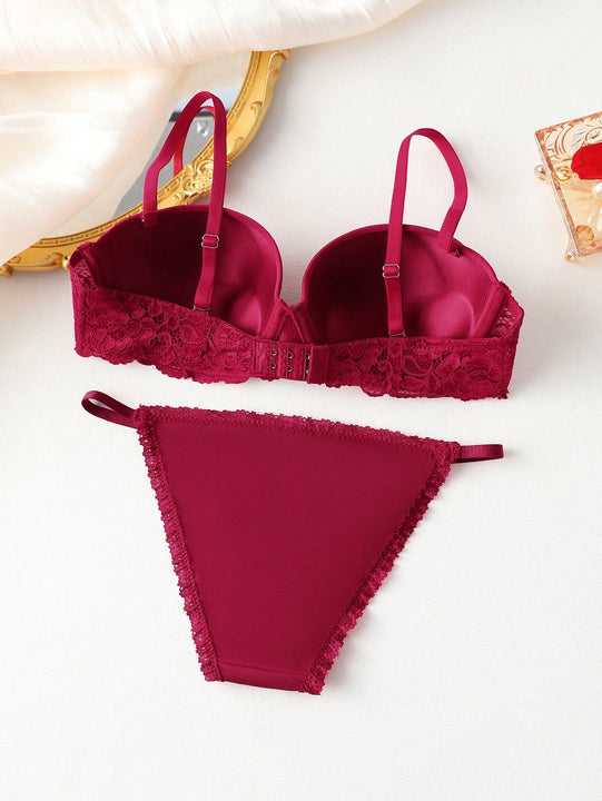 Conjunto De Sujetador De Aro Y Panty Con Ribete De Encaje Para Mujer