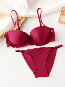 Conjunto De Sujetador De Aro Y Panty Con Ribete De Encaje Para Mujer