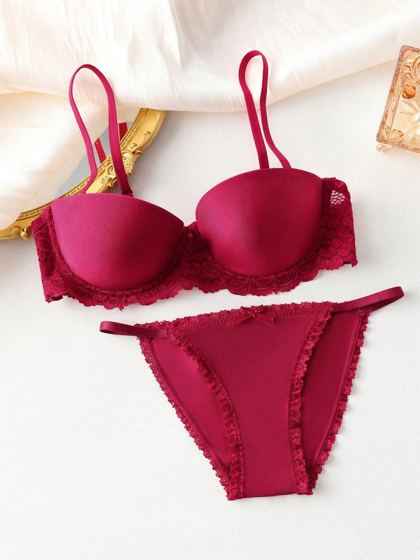 Conjunto De Sujetador De Aro Y Panty Con Ribete De Encaje Para Mujer