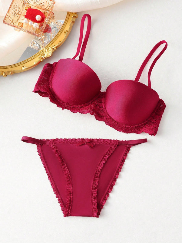 Conjunto De Sujetador De Aro Y Panty Con Ribete De Encaje Para Mujer