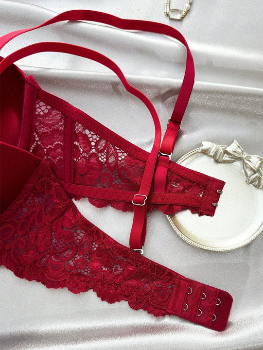 Conjunto De Sujetador De Aro Y Panty Con Ribete De Encaje Para Mujer