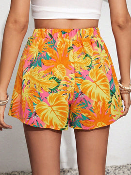 VCAY Shorts De Cintura Con Cordon Y Estampado Tropical Para Mujer