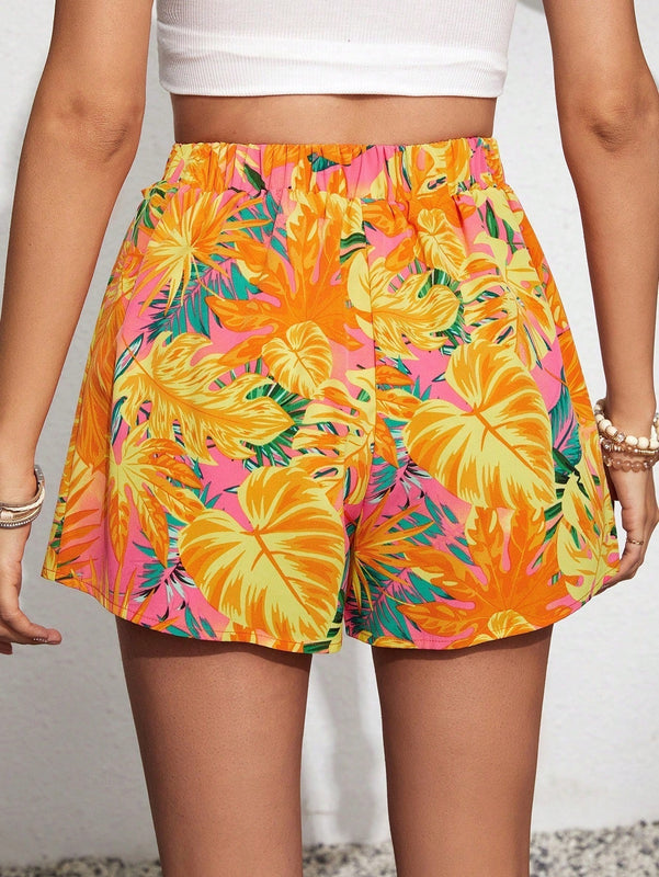 VCAY Shorts De Cintura Con Cordon Y Estampado Tropical Para Mujer