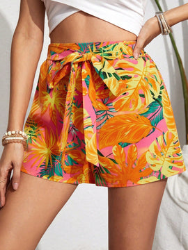 VCAY Shorts De Cintura Con Cordon Y Estampado Tropical Para Mujer