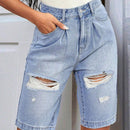 Pantalones Cortos De Mezclilla Con Ajuste Holgado, Cintura Regular Sin Elasticidad