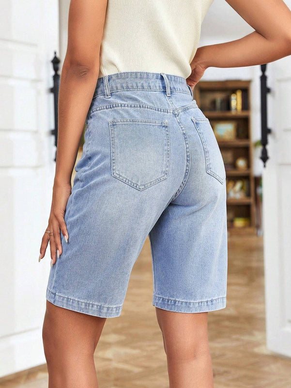 Pantalones Cortos De Mezclilla Con Ajuste Holgado, Cintura Regular Sin Elasticidad