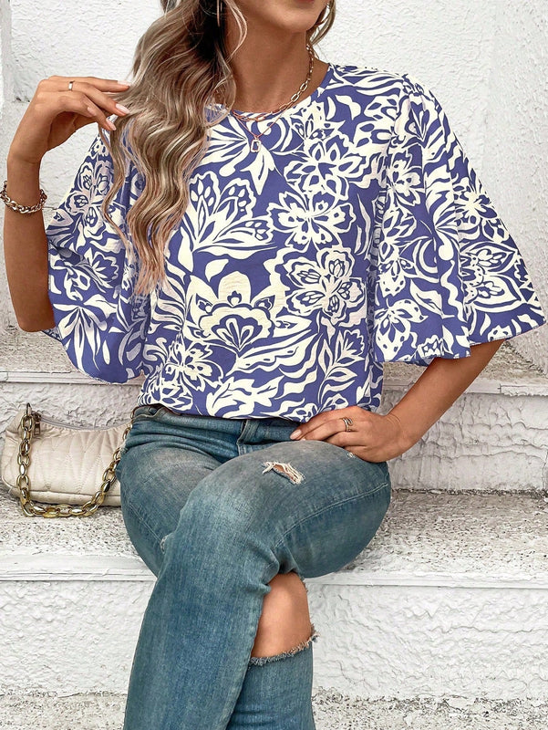 Prive Blusa Con Mangas Acampanadas Y Estampado Vegetal