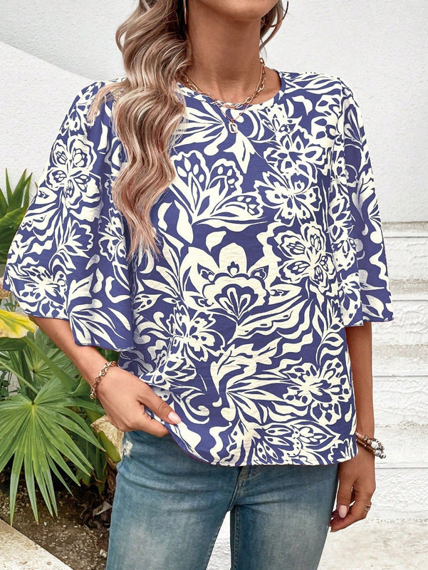 Prive Blusa Con Mangas Acampanadas Y Estampado Vegetal