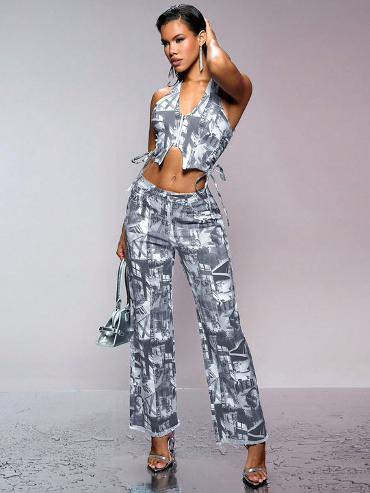 BAE Jeans de pierna ancha con graficos de figuras y Festival de musica