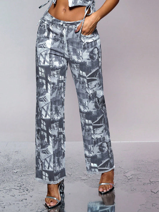 BAE Jeans de pierna ancha con graficos de figuras y Festival de musica