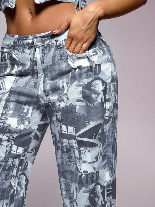 BAE Jeans de pierna ancha con graficos de figuras y Festival de musica