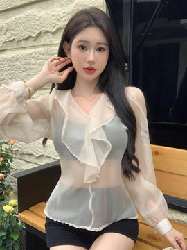 Dazy Designer Blusa Elegante De Malla Transparente Con Borde De Volantes Y Manga Larga En Color Solido Para Mujeres