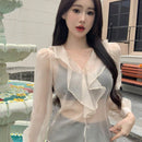 Dazy Designer Blusa Elegante De Malla Transparente Con Borde De Volantes Y Manga Larga En Color Solido Para Mujeres