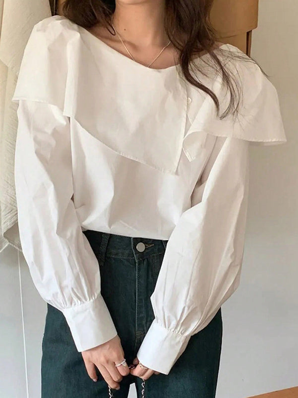 DAZY Blusa De Manga De Farol Suelta De Linea De Cuello En V unicolor Para Mujeres