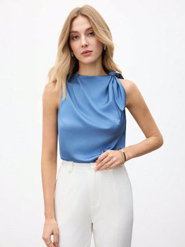 BIZwear Top sin mangas elegante de mujer con lazo en hombros y unicolor de moda, color azul