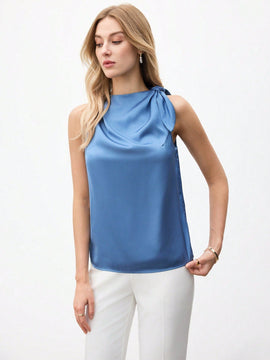 BIZwear Top sin mangas elegante de mujer con lazo en hombros y unicolor de moda, color azul