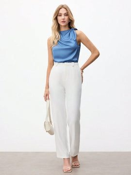 BIZwear Top sin mangas elegante de mujer con lazo en hombros y unicolor de moda, color azul