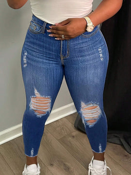 Pantalones ajustados para mujer con agujeros rasgados y bolsillos