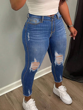Pantalones ajustados para mujer con agujeros rasgados y bolsillos