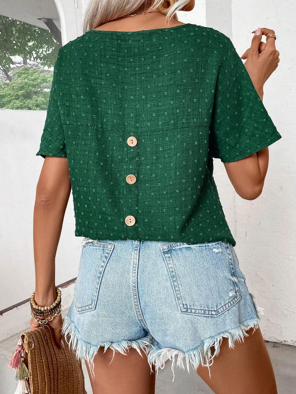 Camisa De Manga Tipo Murcielago Con Sueter De Puntos Suizos Y Dee De Botones