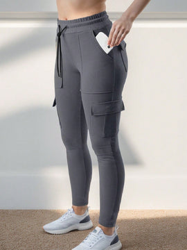 EZwear Pantalones De Carga Ajustados De Punto Gris Para Mujer Con Bolsillos