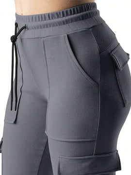 EZwear Pantalones De Carga Ajustados De Punto Gris Para Mujer Con Bolsillos