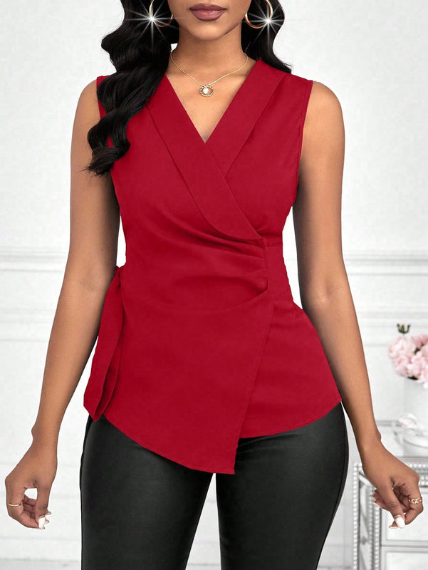 Lady Blusa Elegante De Color Solido Con Escote En V Y Lazo En La Cintura Para Mujeres
