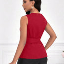Lady Blusa Elegante De Color Solido Con Escote En V Y Lazo En La Cintura Para Mujeres