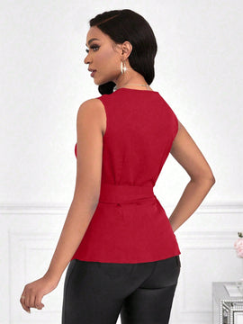 Lady Blusa Elegante De Color Solido Con Escote En V Y Lazo En La Cintura Para Mujeres