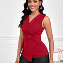 Lady Blusa Elegante De Color Solido Con Escote En V Y Lazo En La Cintura Para Mujeres