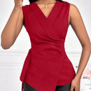 Lady Blusa Elegante De Color Solido Con Escote En V Y Lazo En La Cintura Para Mujeres