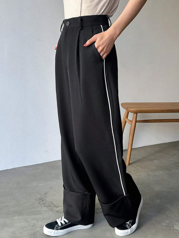 FRIFUL Pantalones Anchos De Pierna Recta Y Sueltos Para Mujer Con Diseno De Franjas Laterales En Contraste