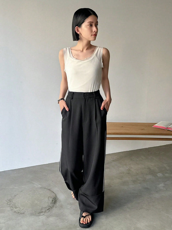 FRIFUL Pantalones Anchos De Pierna Recta Y Sueltos Para Mujer Con Diseno De Franjas Laterales En Contraste