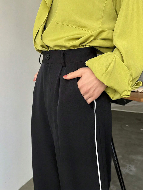 FRIFUL Pantalones Anchos De Pierna Recta Y Sueltos Para Mujer Con Diseno De Franjas Laterales En Contraste