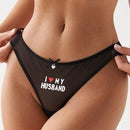 Mujeres tanga sexy y comodo semitransparente con impresion de corazon y eslogan, adecuado para citas diarias.